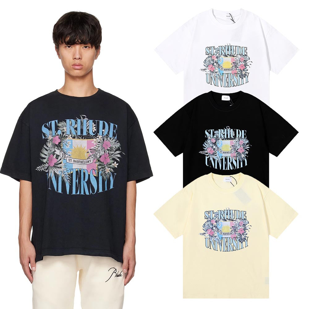 Rhude T-shirts Flag Floral Print Cotton Casual Loose Short Sleeve Men and Women