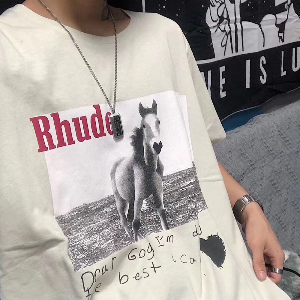 Rhude T-shirt Micro Label Alphabet Horse Print Short Sleeve T-shirt