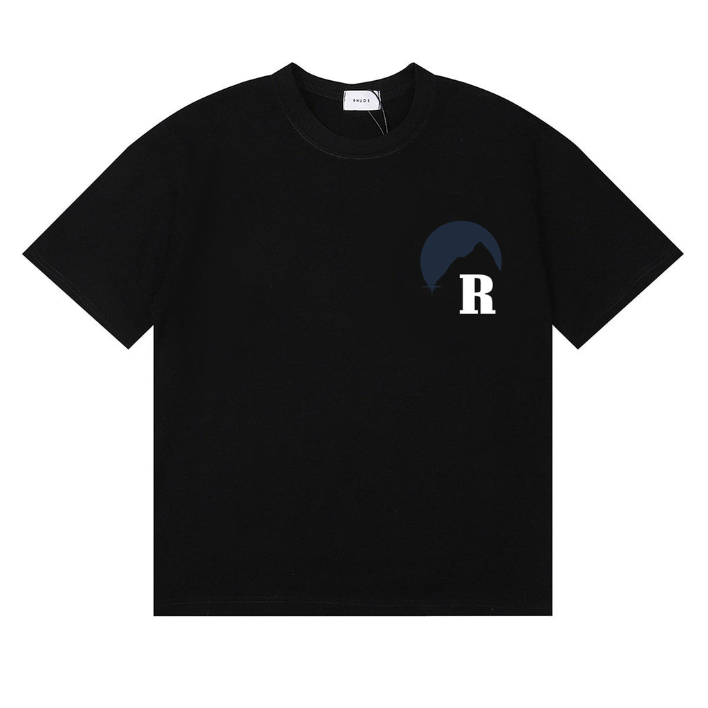Rhude T-shirts Moonlight Blue Printed Cotton Casual Short Sleeve Men and Women