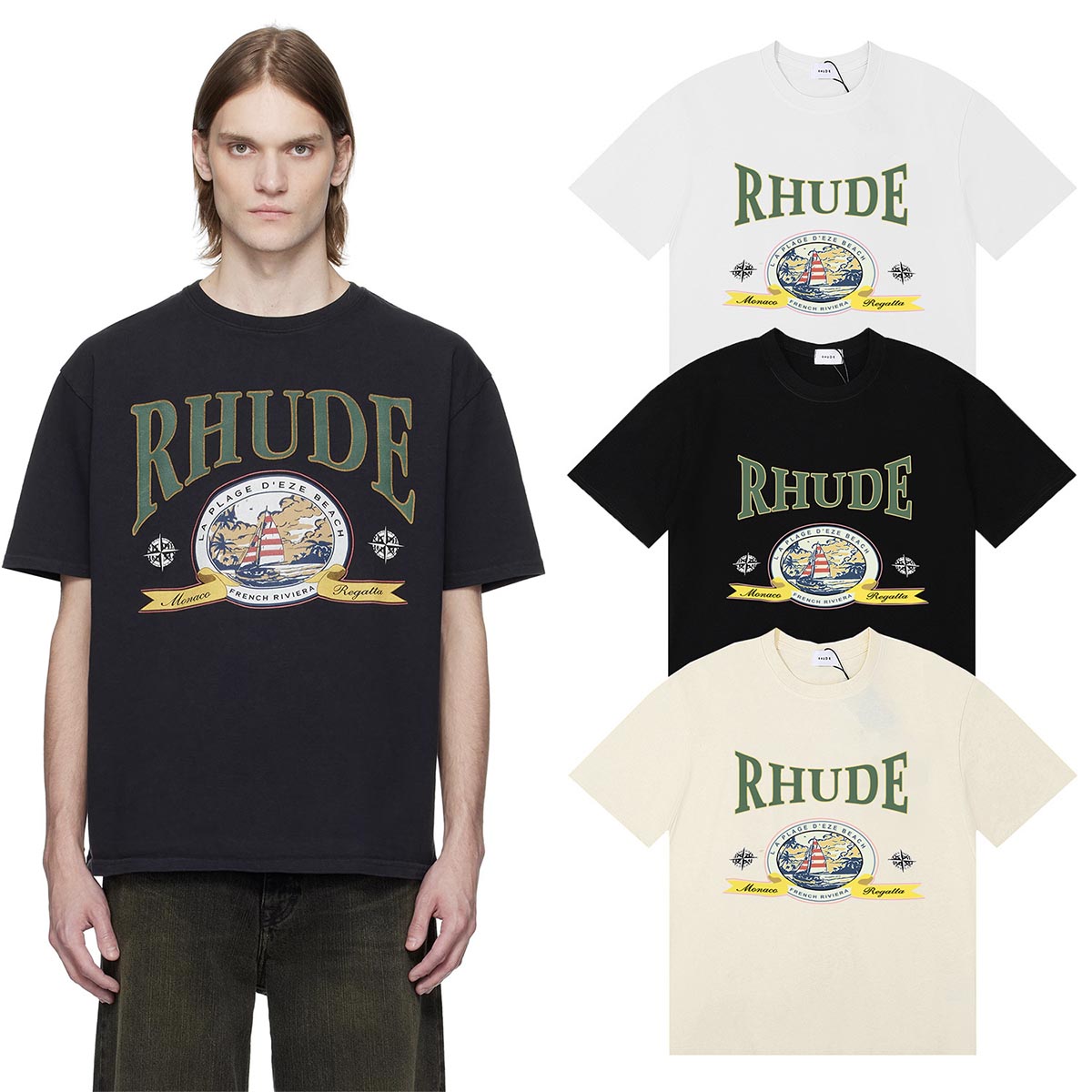 Rhude T-shirts Morocco Seaview Sailing Print Cotton Casual Short Sleeves Men and Women