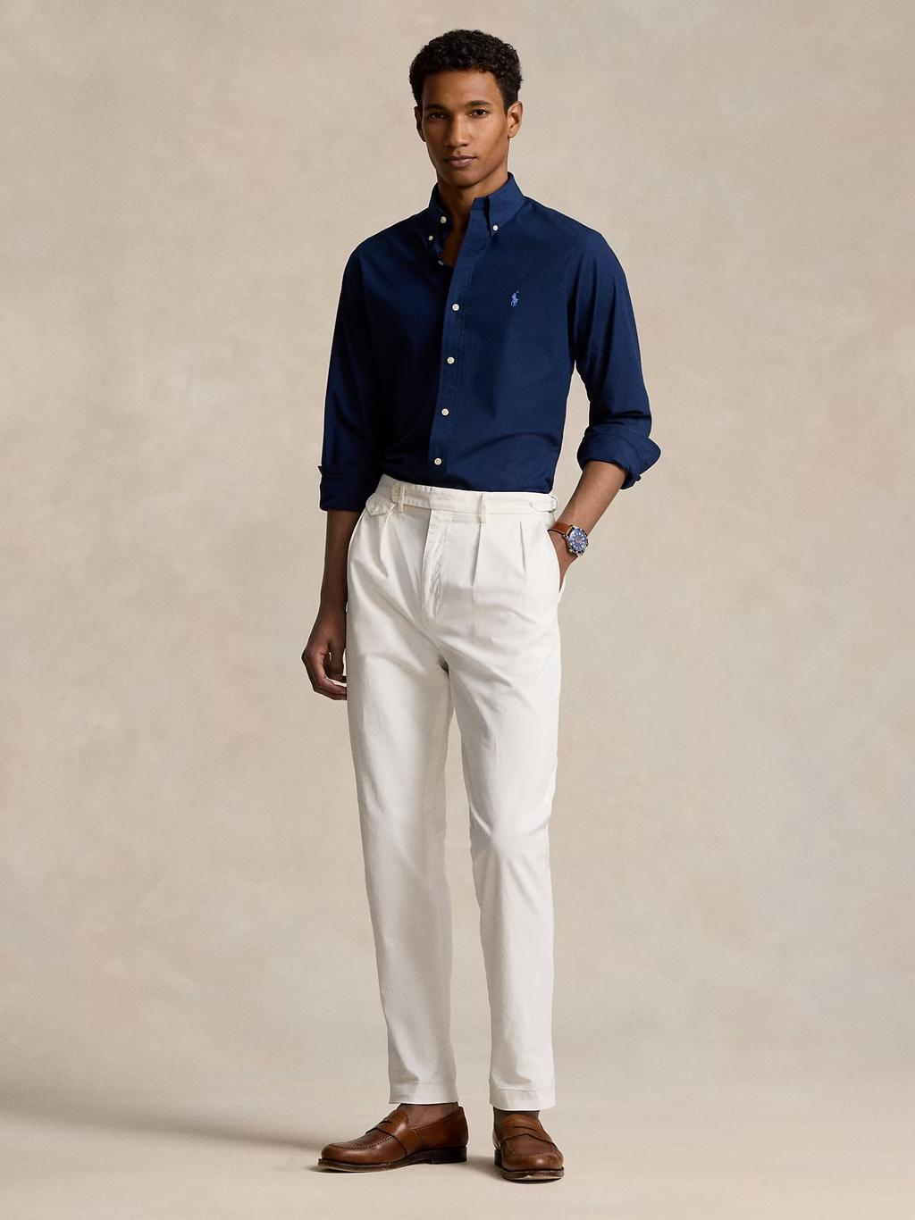 RALPH LAUREN Custom Fit Stretch Poplin Shirt Newport Navy