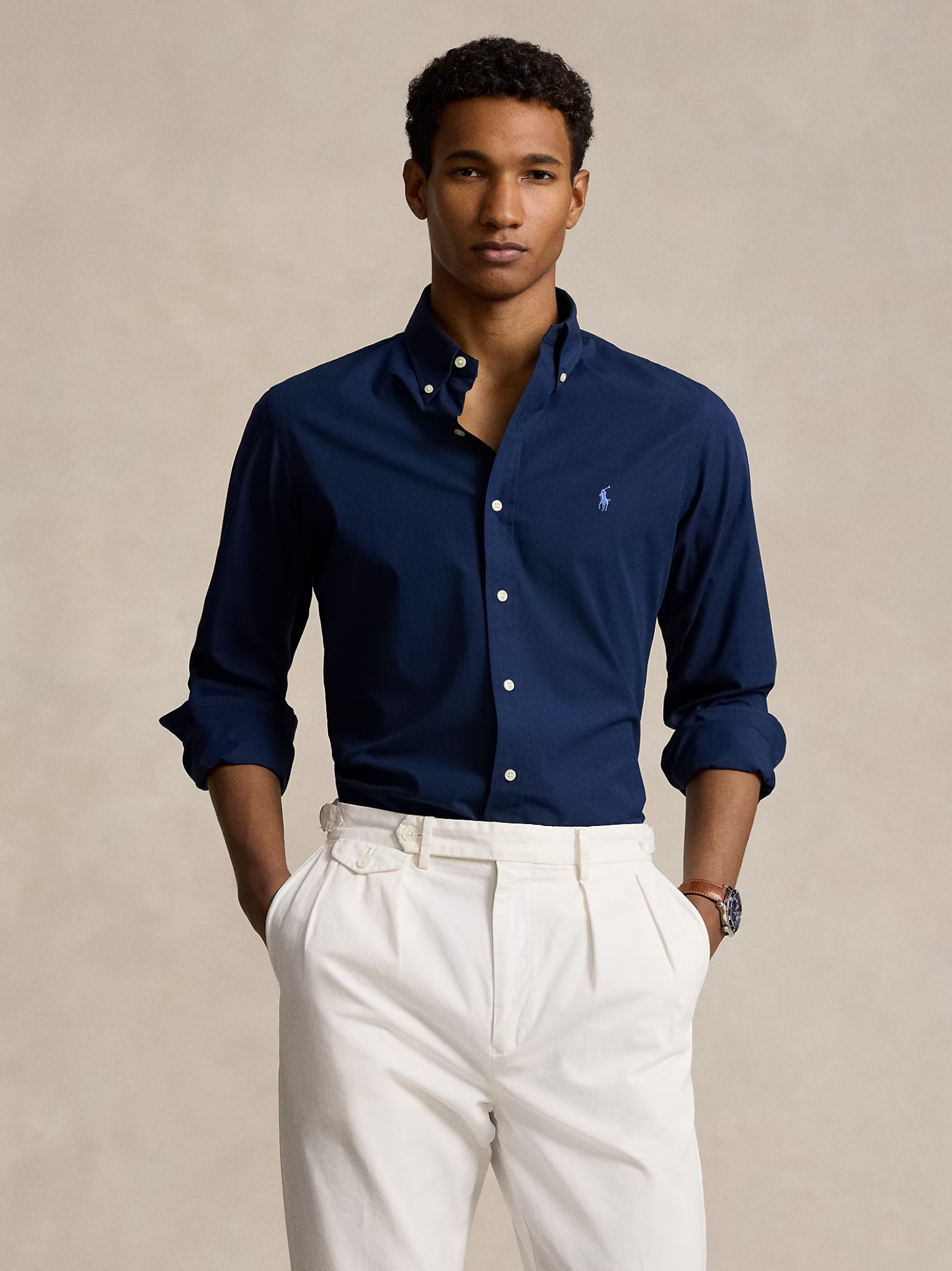 RALPH LAUREN Custom Fit Stretch Poplin Shirt Newport Navy