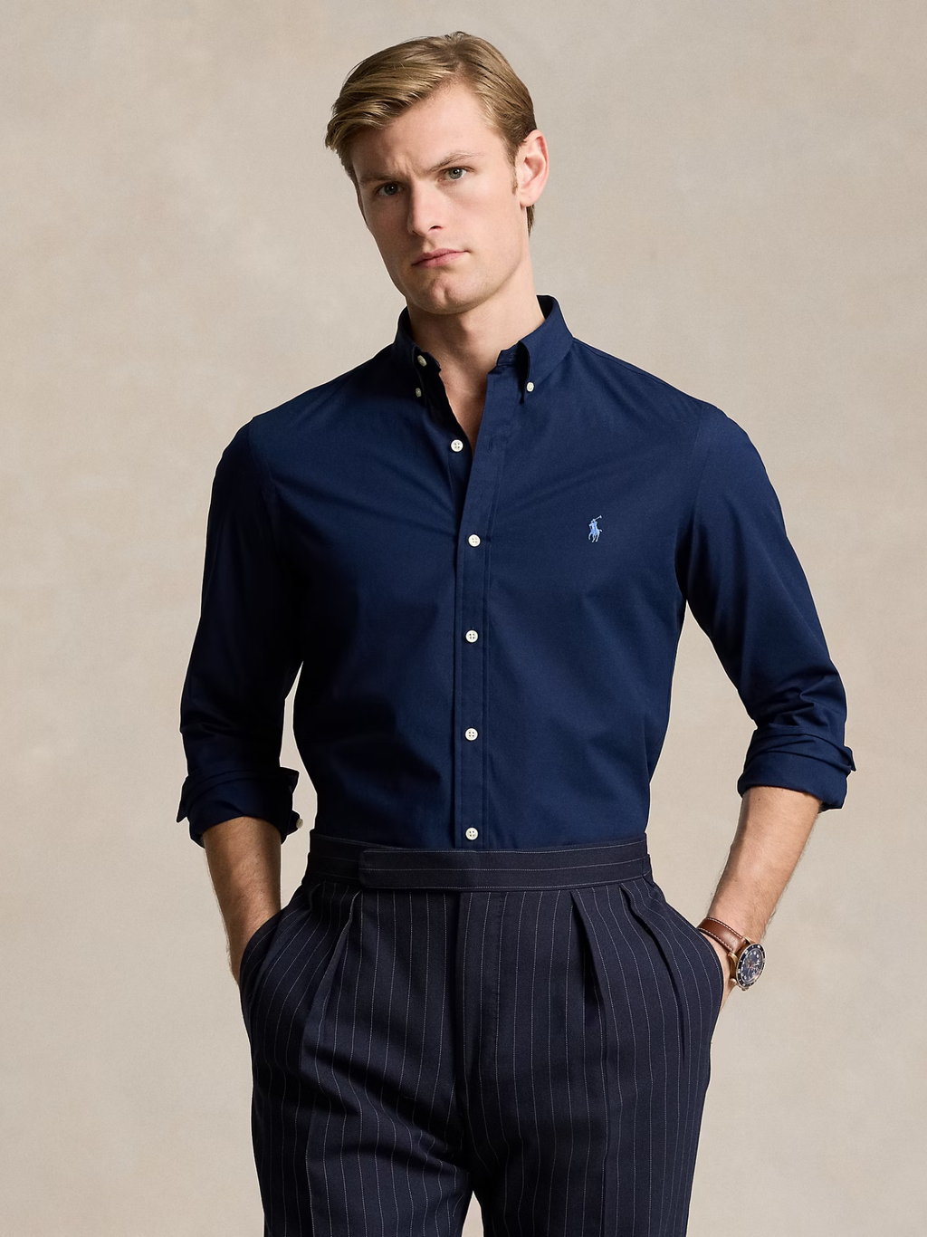 RALPH LAUREN Slim Fit Stretch Poplin Shirt Newport Navy