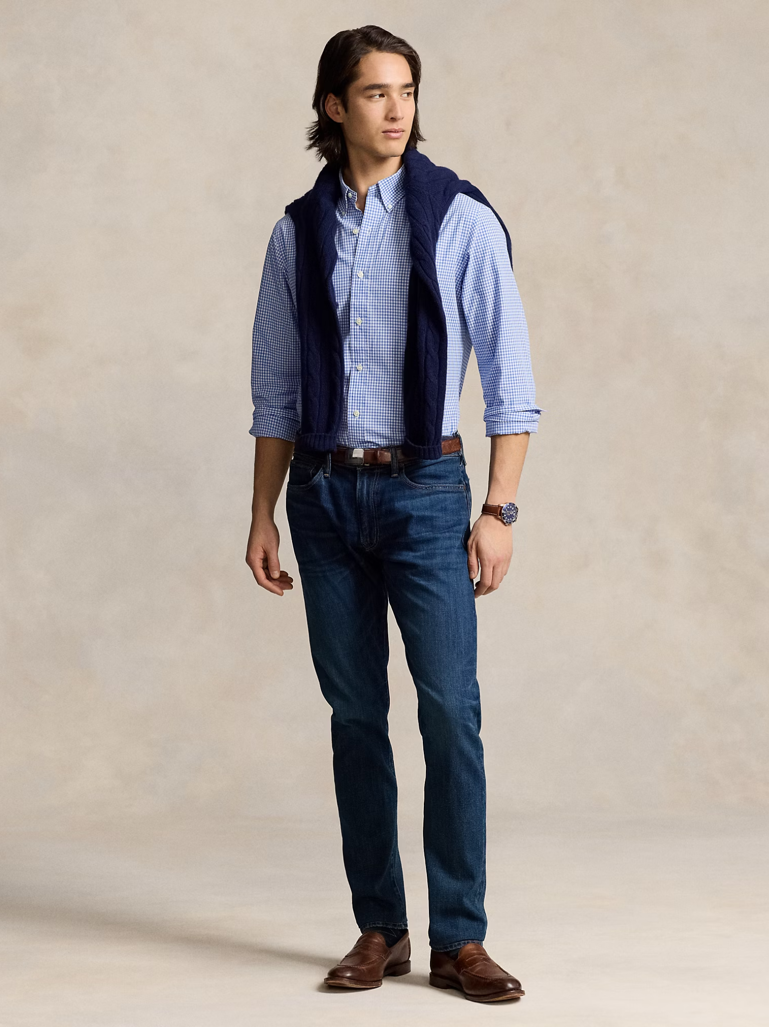 RALPH LAUREN Custom Fit Stretch Poplin Shirt Blue/White Check