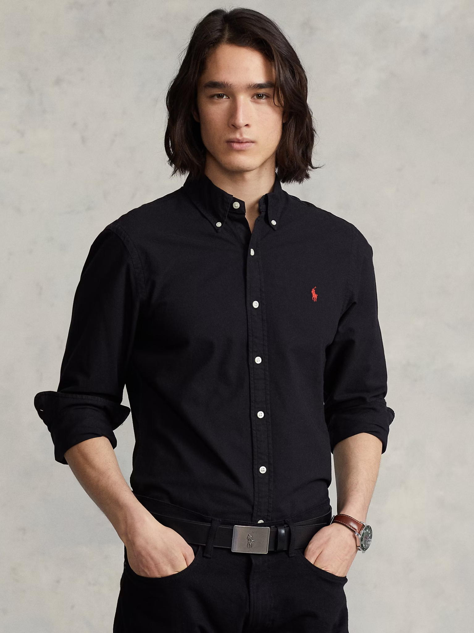 RALPH LAUREN Slim Fit Garment-Dyed Oxford Shirt Polo Black