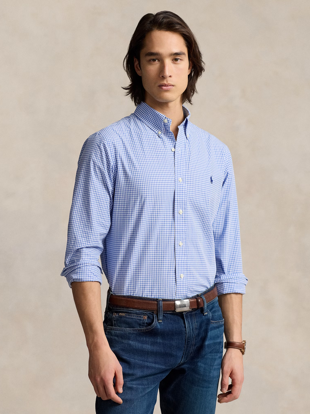 RALPH LAUREN Custom Fit Stretch Poplin Shirt Blue/White Check