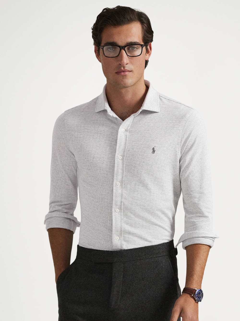RALPH LAUREN Houndstooth Jersey Spread-Collar Shirt Natural