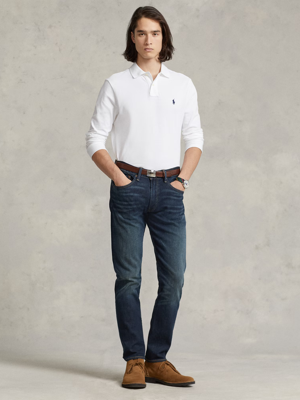 RALPH LAUREN Slim Fit Mesh Long-Sleeve Polo White