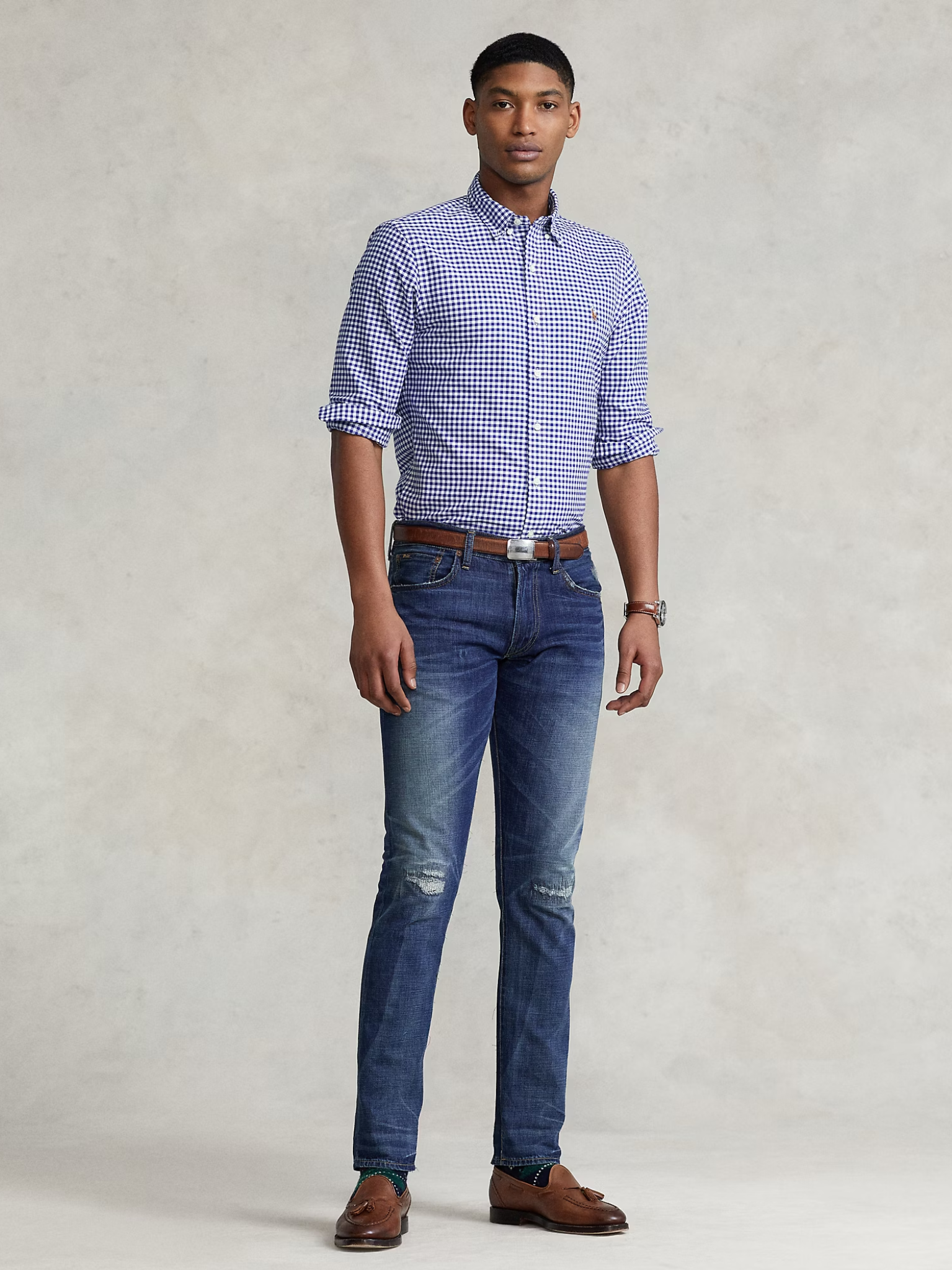 RALPH LAUREN Slim Fit Gingham Oxford Shirt Royal/White