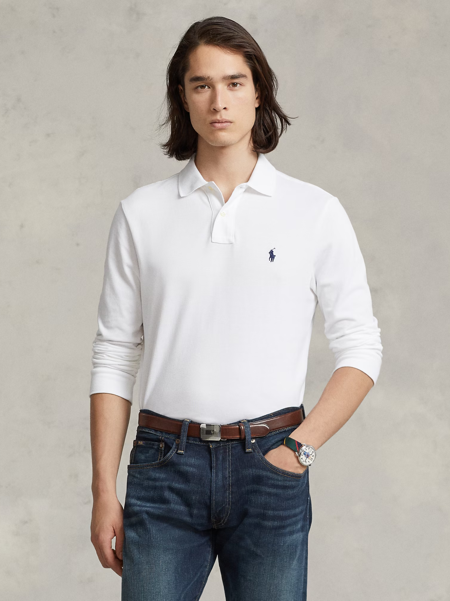 RALPH LAUREN Slim Fit Mesh Long-Sleeve Polo White
