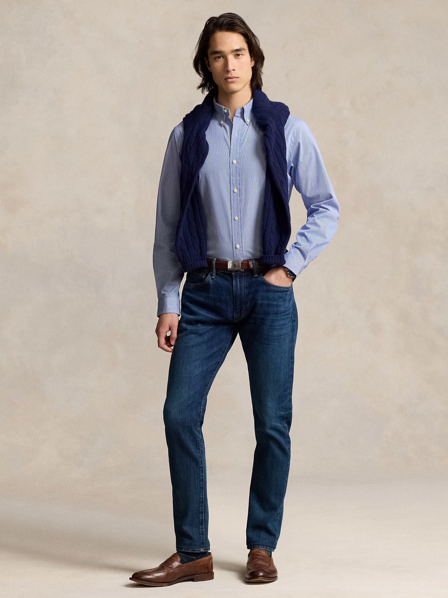 RALPH LAUREN Custom Fit Stretch Poplin Shirt Blue/White Hairline