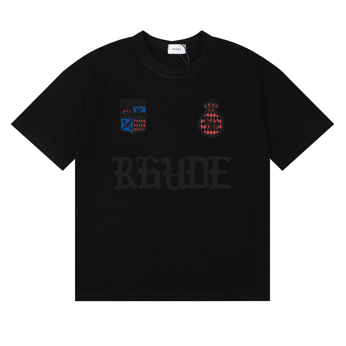 Rhude T-shirts Gothic Letter Badge Printing Cotton Casual Crew Neck Short Sleeve Men and Women