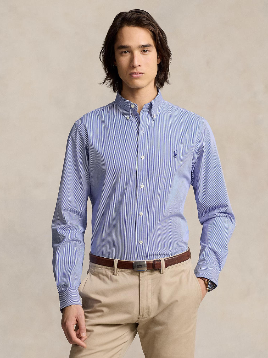 RALPH LAUREN Slim Fit Striped Stretch Poplin Shirt Blue/White Hairline