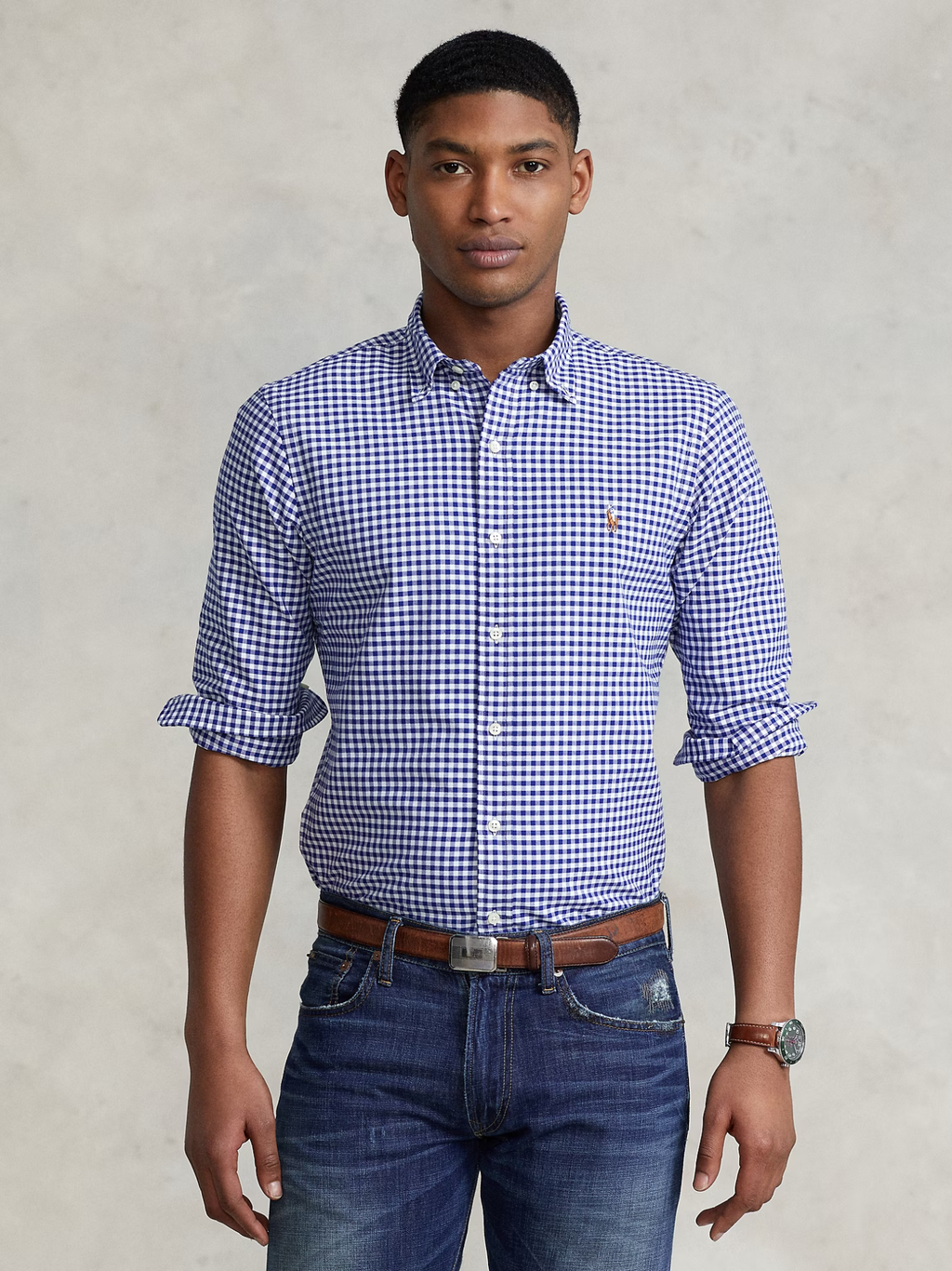 RALPH LAUREN Slim Fit Gingham Oxford Shirt Royal/White
