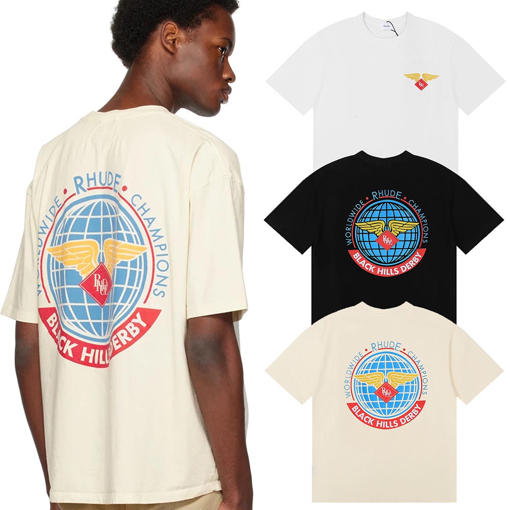 Rhude T-shirts World Map Printed Cotton Casual Short Sleeves Men and Women