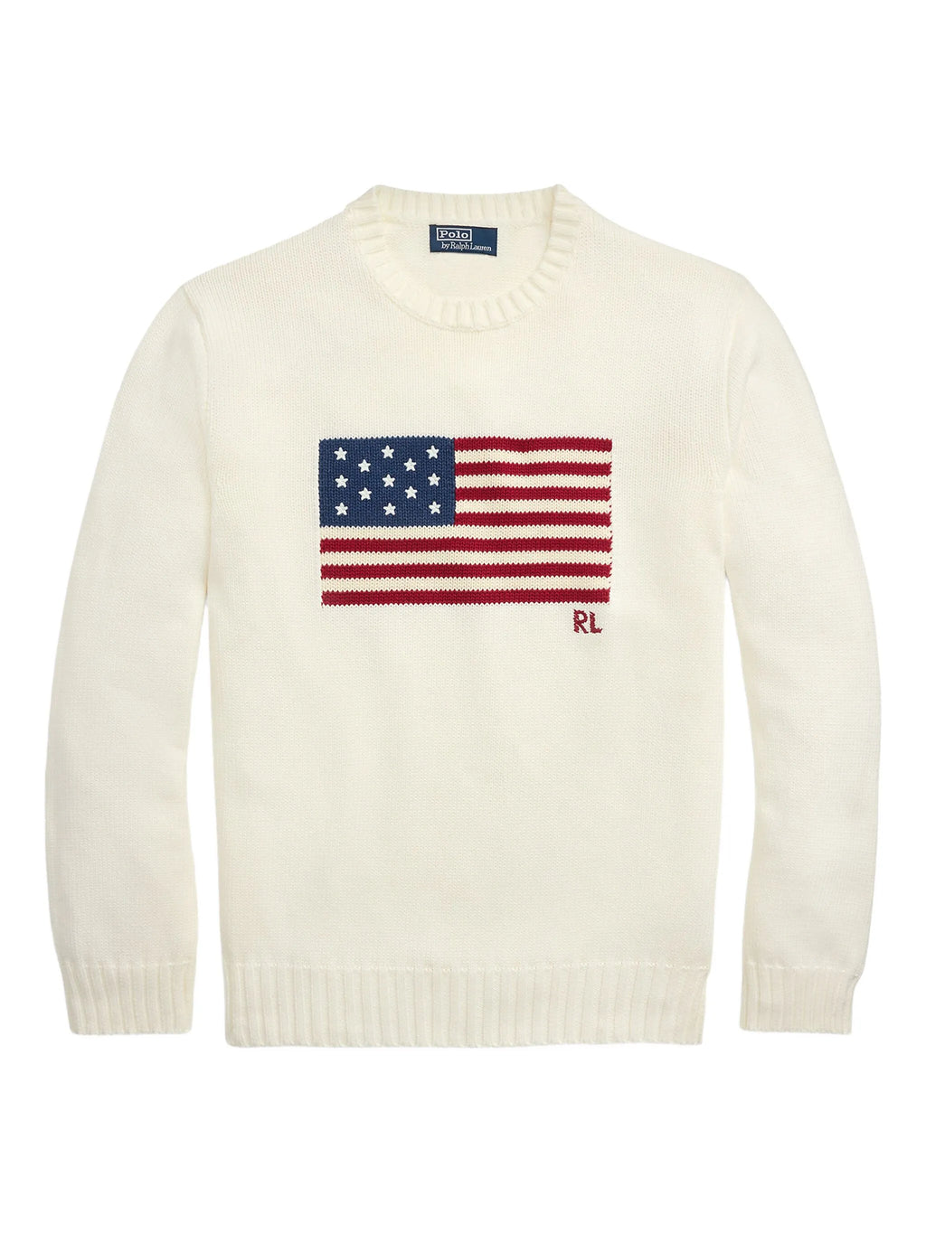 RALPH LAUREN Flag Cotton Crewneck Jumper Cream White
