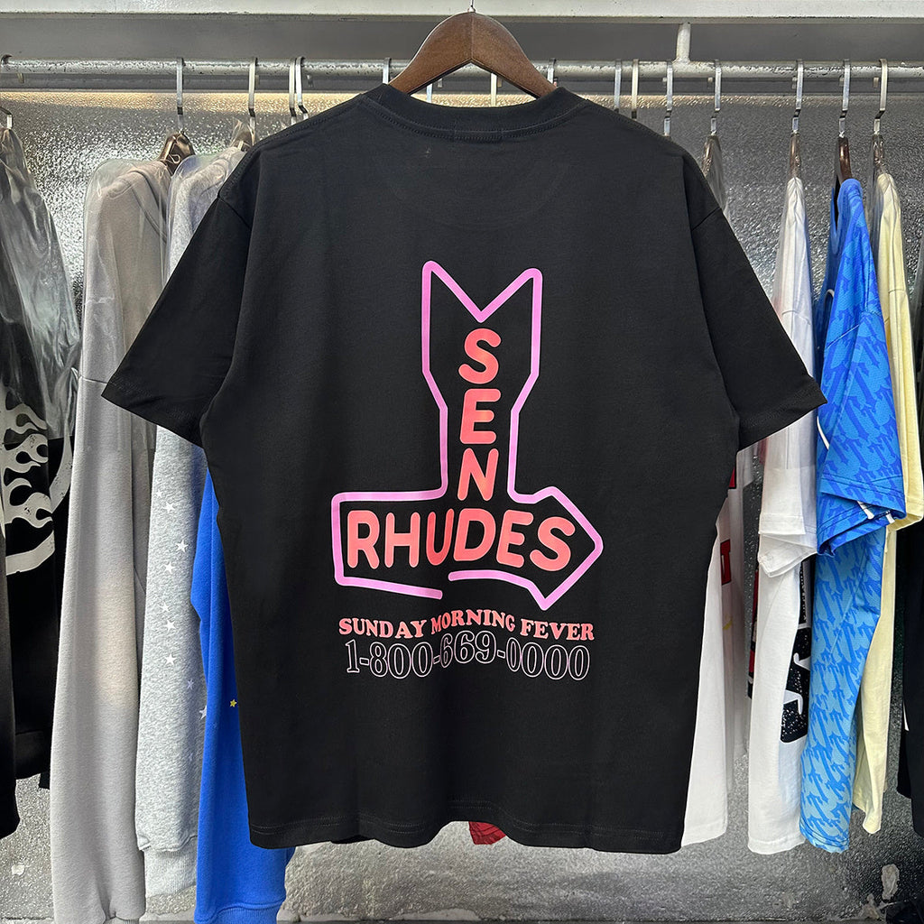 Rhude T-shirts Sunday Morning Fever Pink Arrow Print Men's and Women's Crew Neck Short Sleeves