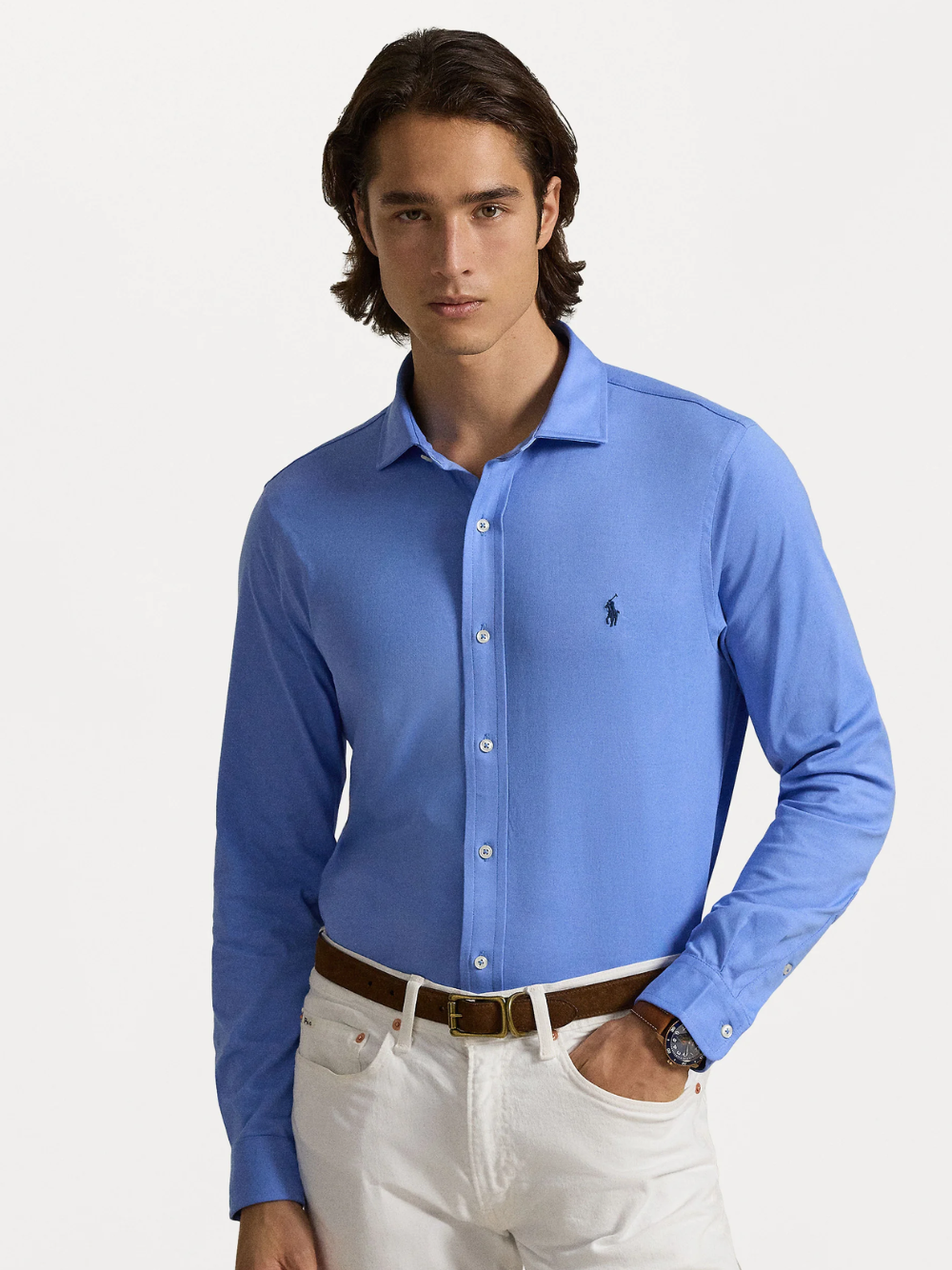 RALPH LAUREN Jersey Spread-Collar Shirt Harbour Island Blue