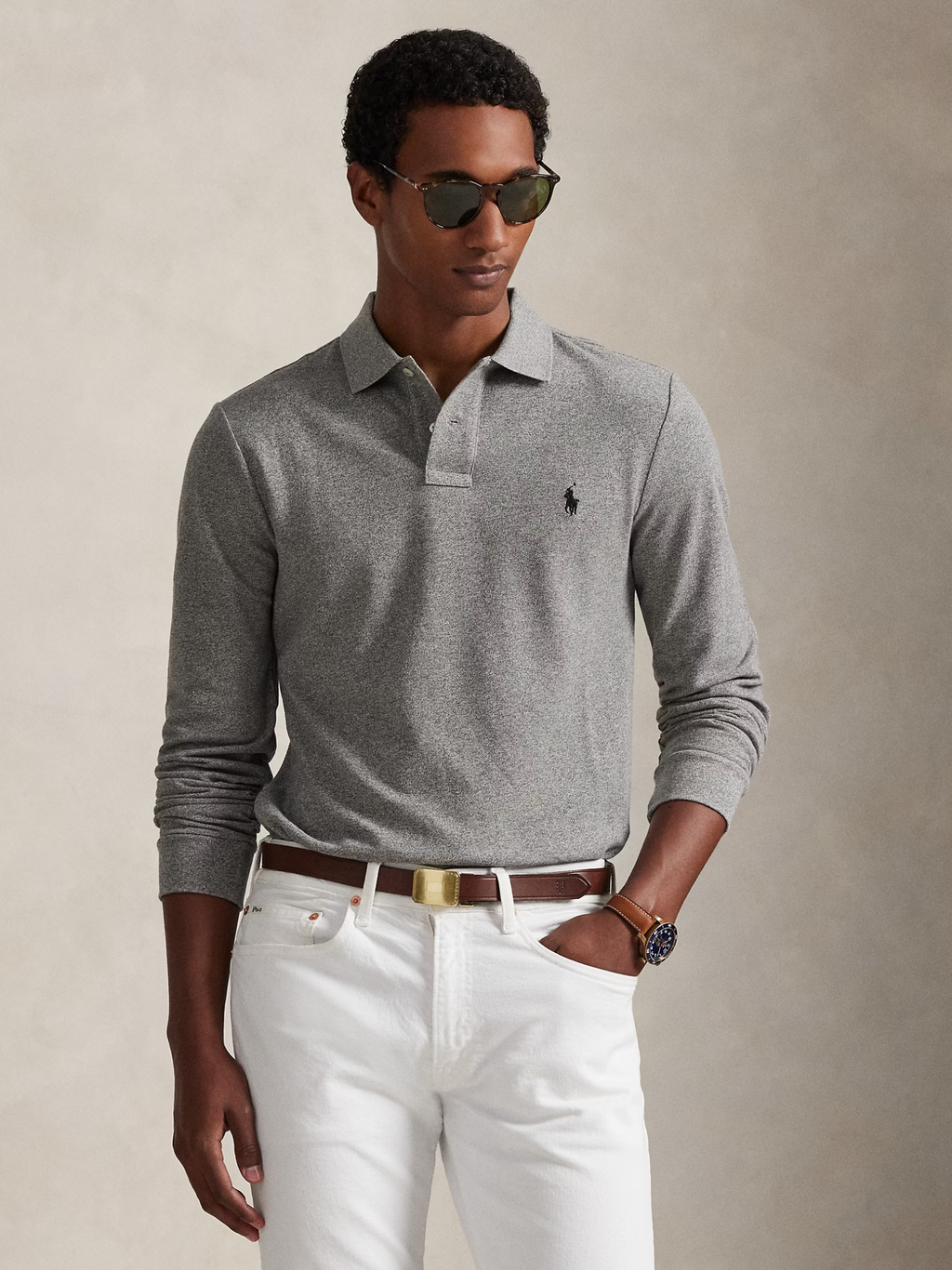 RALPH LAUREN Slim Fit Mesh Long-Sleeve Polo Canterbury Heather