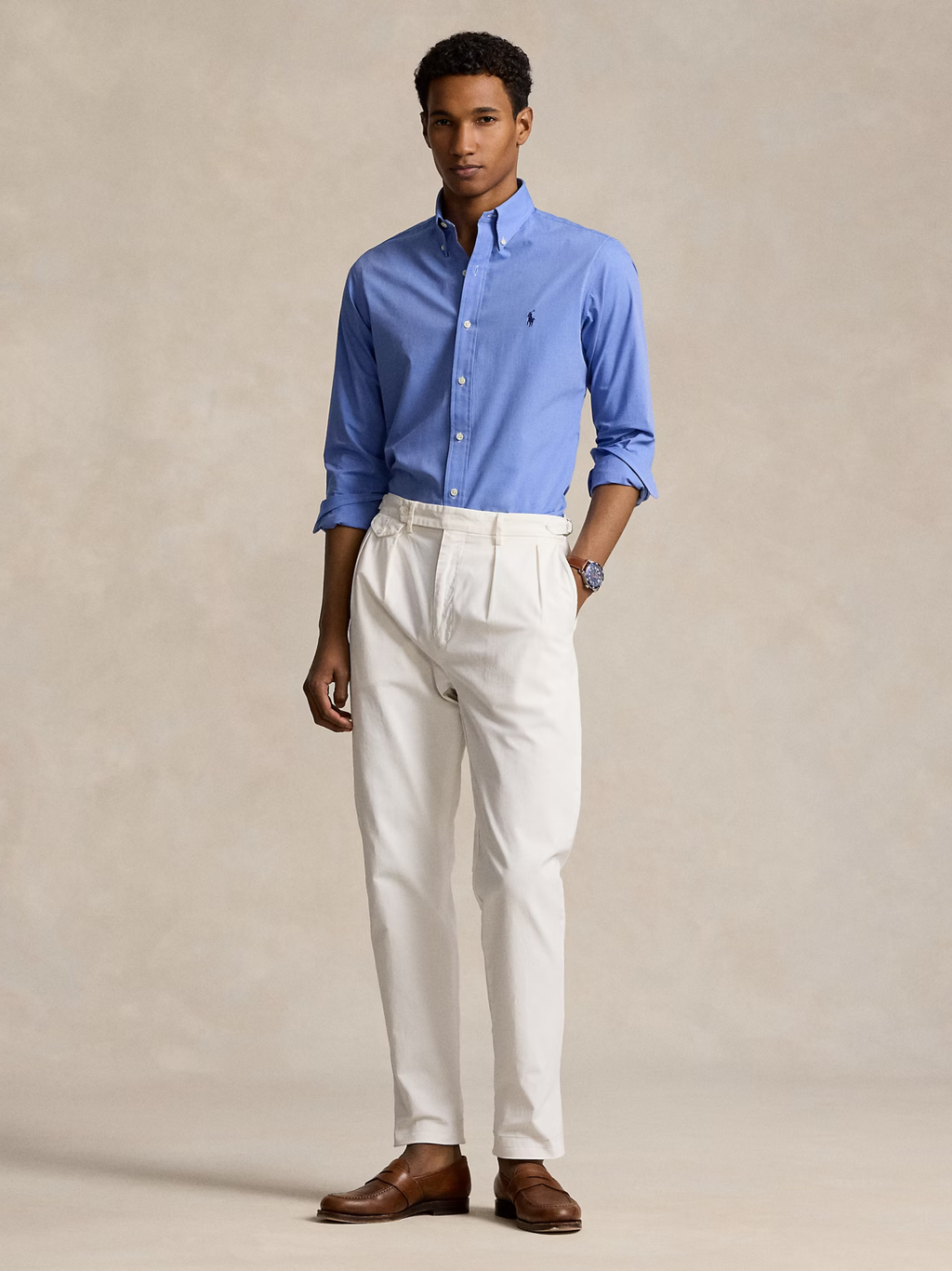 RALPH LAUREN Custom Fit Stretch Poplin Shirt Blue End On End