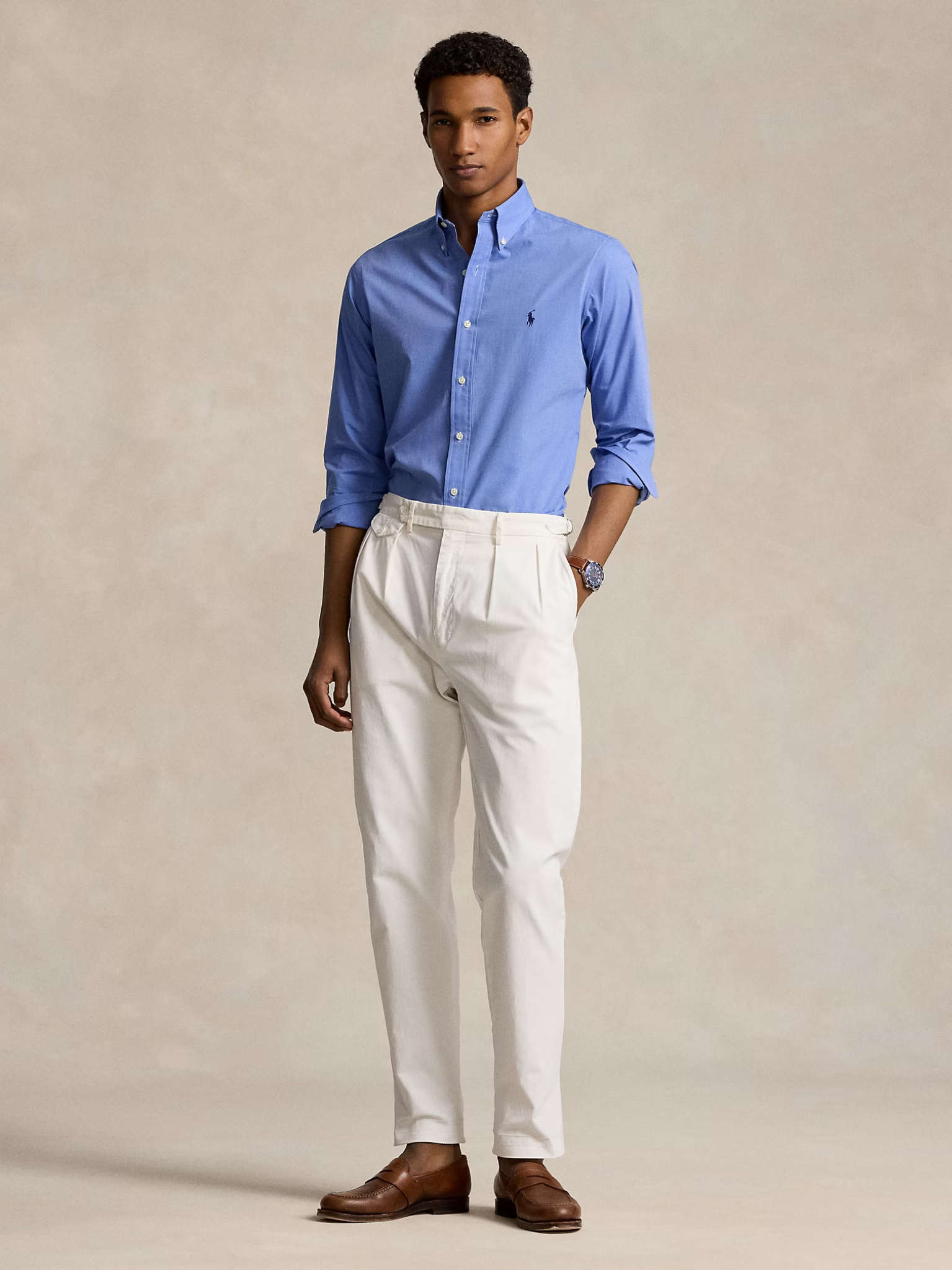 RALPH LAUREN Custom Fit Stretch Poplin Shirt Blue End On End