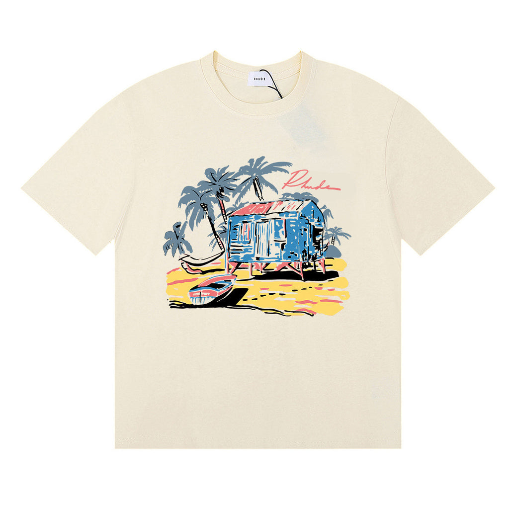 Rhude T-shirts Beach Coconut House Printed Cotton Casual Crew Neck Short Sleeve Men and Women
