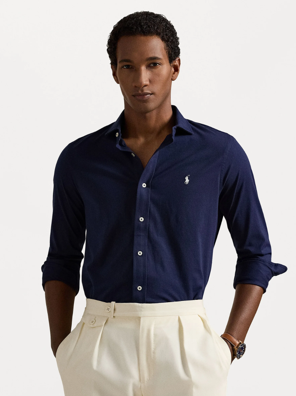 RALPH LAUREN Jersey Spread-Collar Shirt Cruise Navy