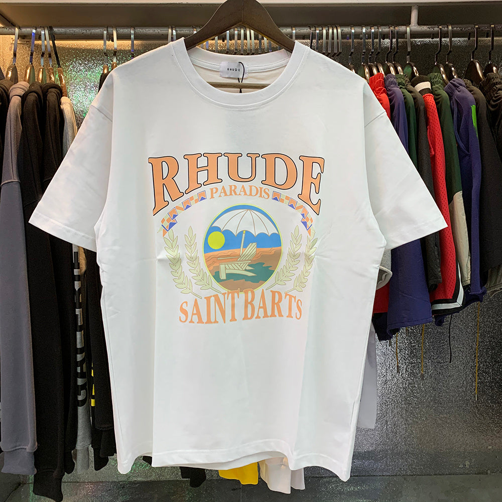 Rhude T-shirts Sunset Beach Cozy Pattern Printed Cotton Casual Loose Short Sleeve Men and Women