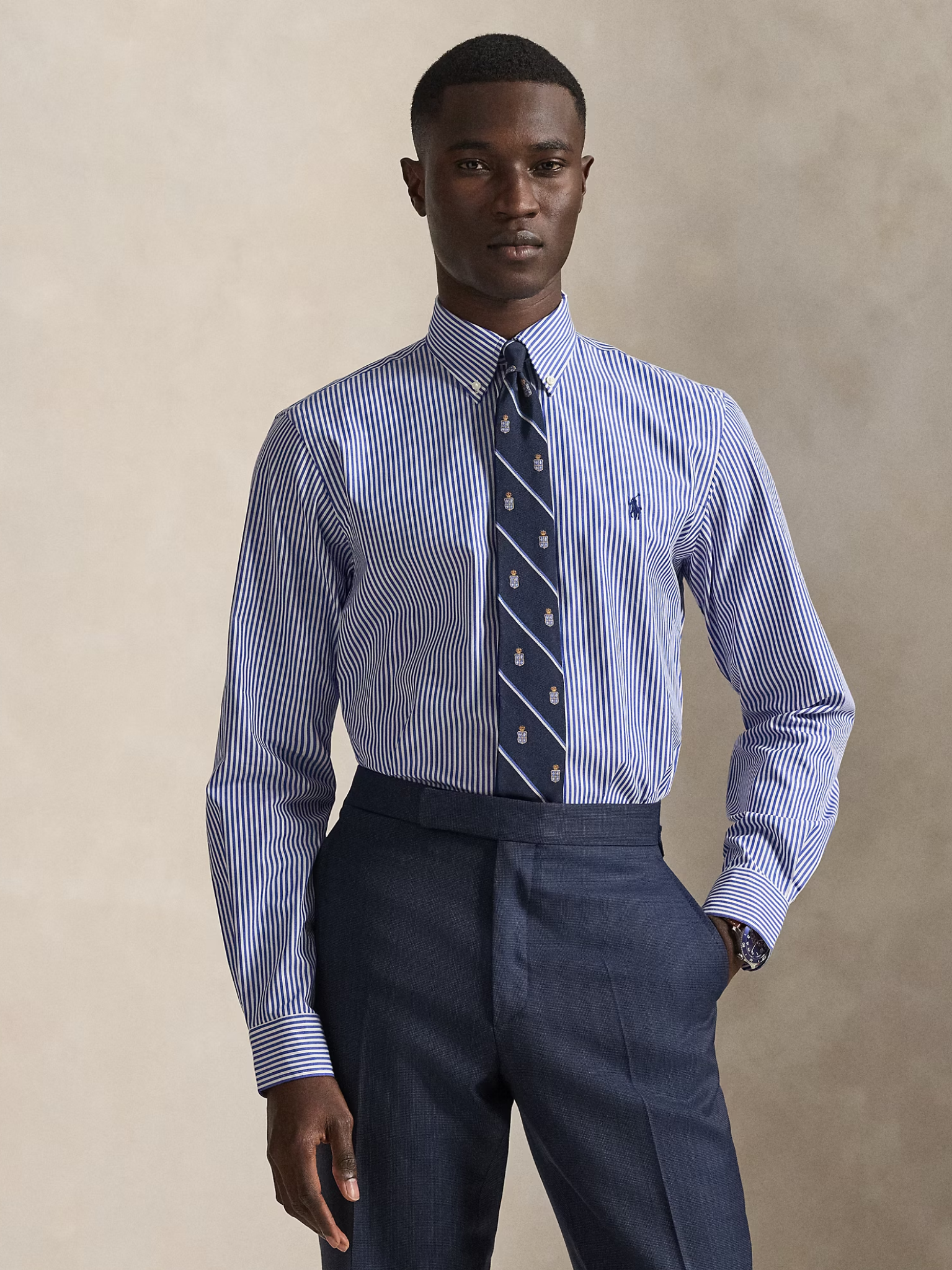 RALPH LAUREN Custom Fit Stretch Poplin Shirt Blue/White Bengal Stripe