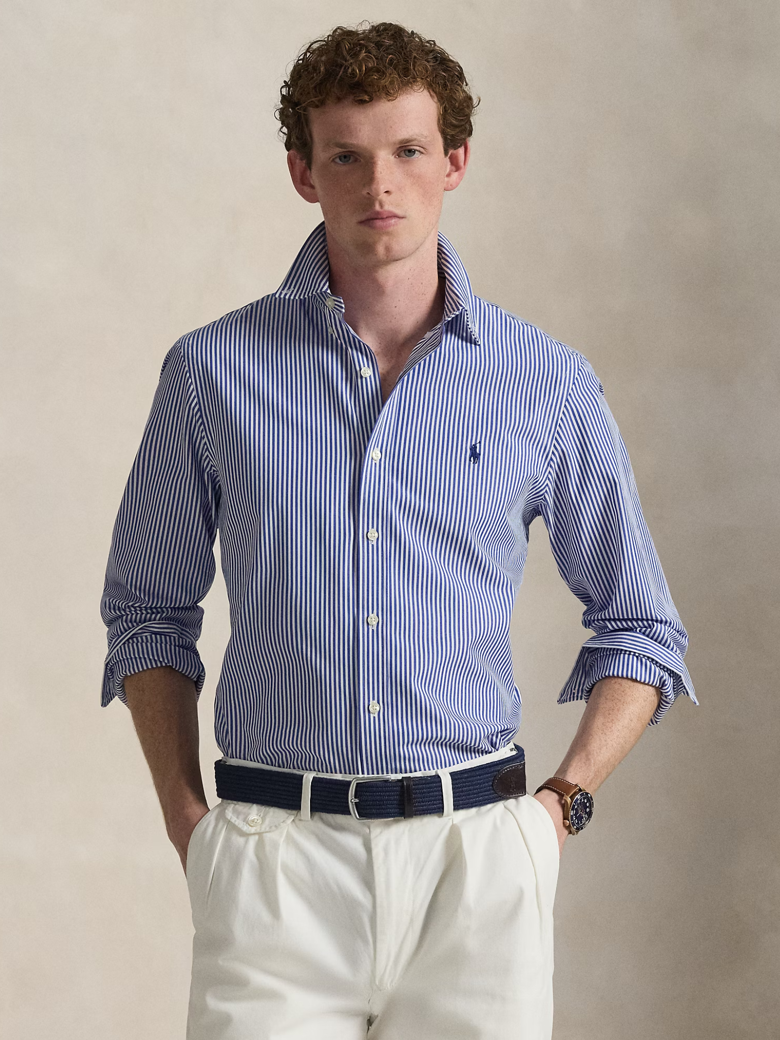 RALPH LAUREN Slim Fit Striped Stretch Poplin Shirt Blue/White Bengal Stripe