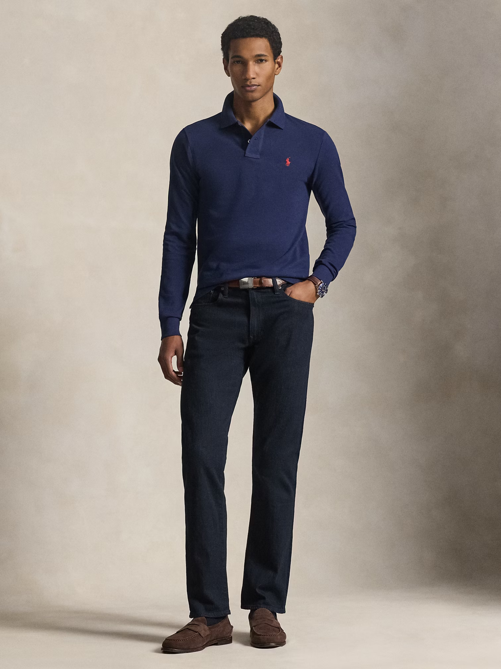 RALPH LAUREN Slim Fit Mesh Long-Sleeve Polo Newport Navy