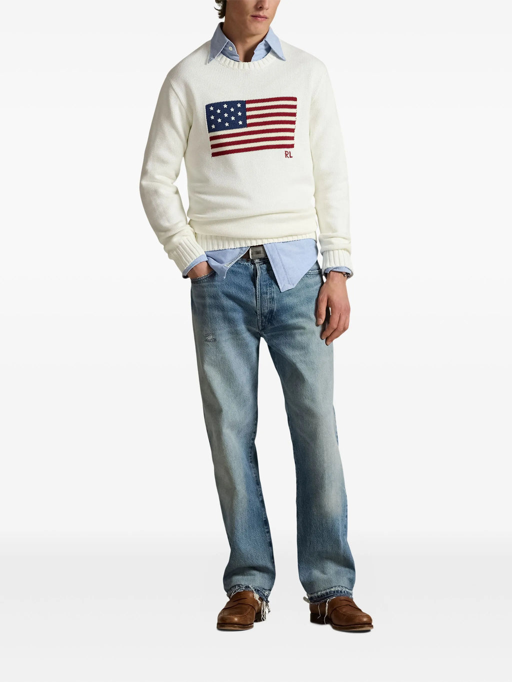 RALPH LAUREN Flag Cotton Crewneck Jumper Cream White