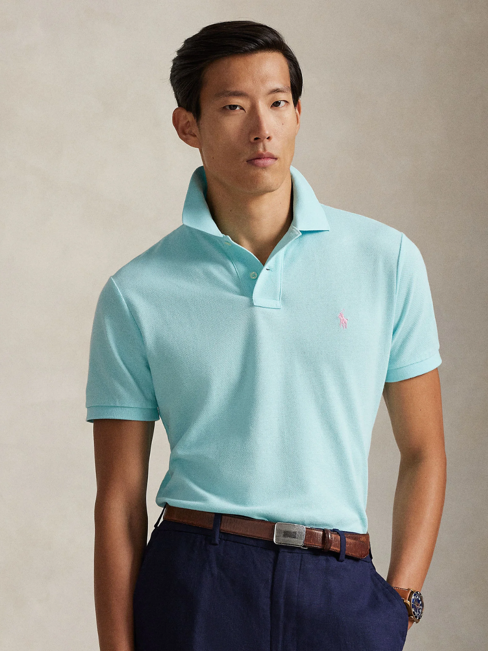 RALPH LAUREN Slim Fit Mesh Polo Shirt New Aqua