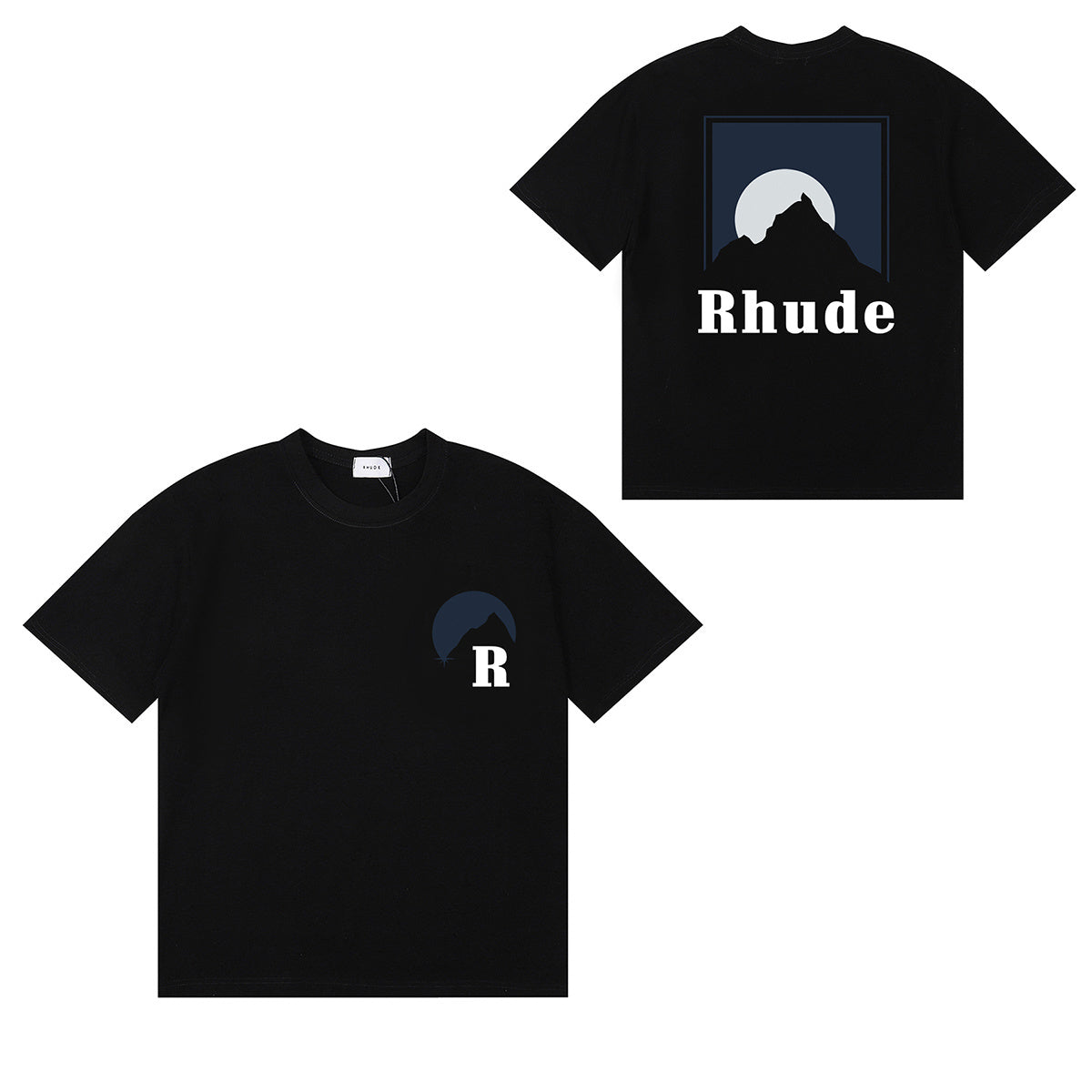 Rhude T-shirts Moonlight Blue Printed Cotton Casual Short Sleeve Men and Women
