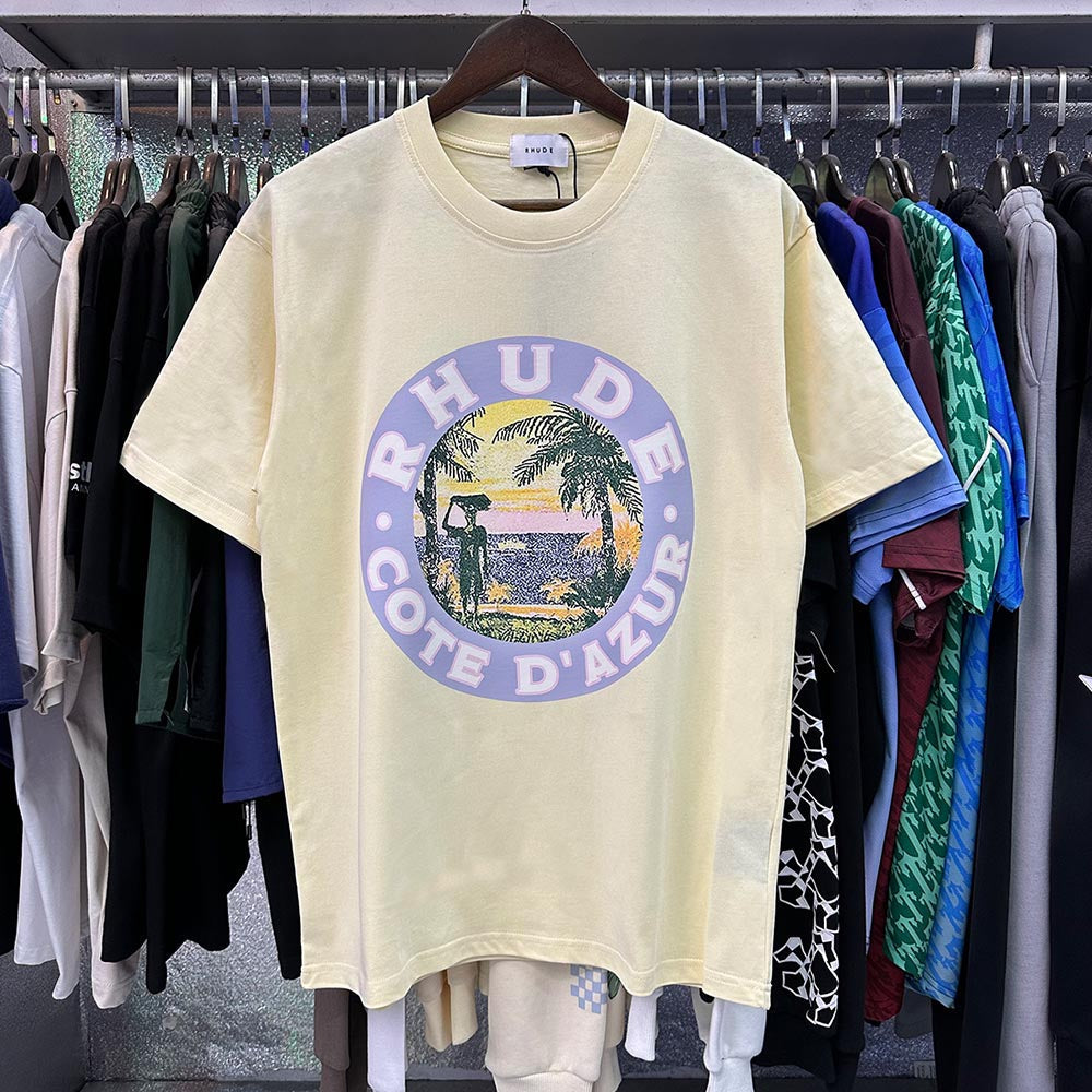 Rhude T-shirts Lake Coconut Landscape Print Cotton Casual Short Sleeve Men and Women