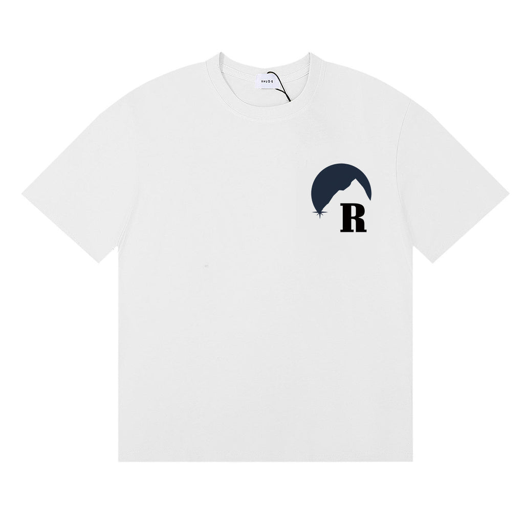 Rhude T-shirts Moonlight Blue Printed Cotton Casual Short Sleeve Men and Women