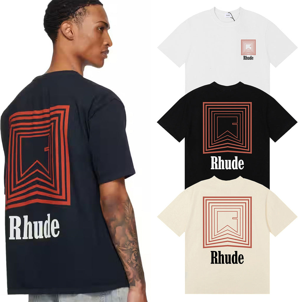 Rhude T-shirts Chevron Red Printed Cotton Casual Short Sleeve Men and Women