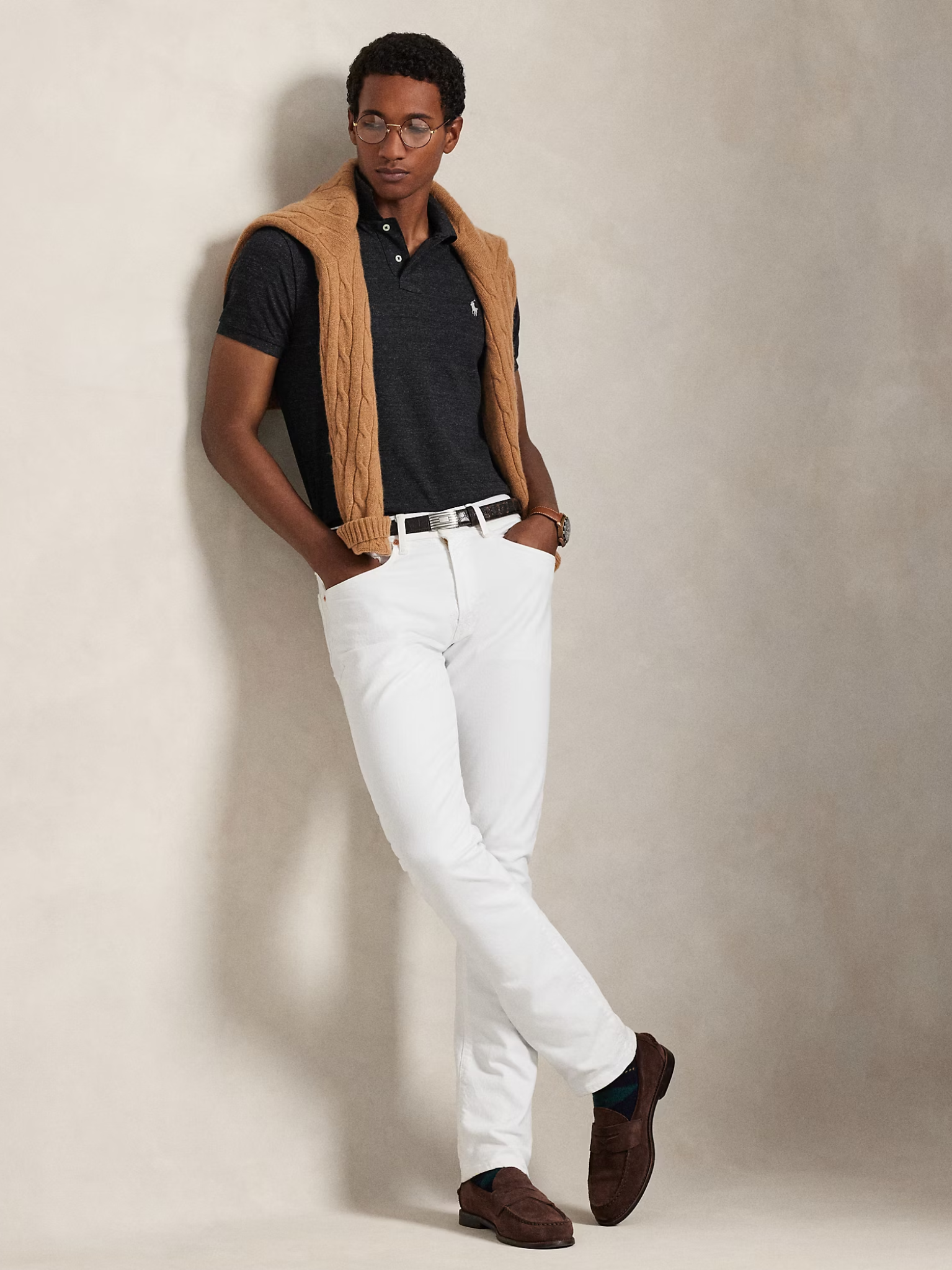 RALPH LAUREN Slim Fit Mesh Polo Shirt Black Marl Heather
