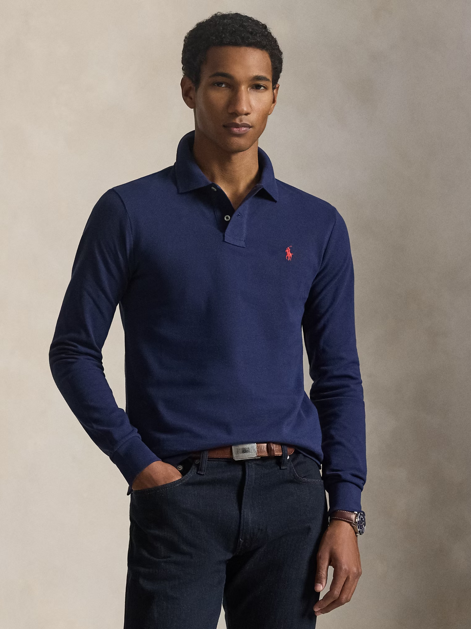 RALPH LAUREN Slim Fit Mesh Long-Sleeve Polo Newport Navy