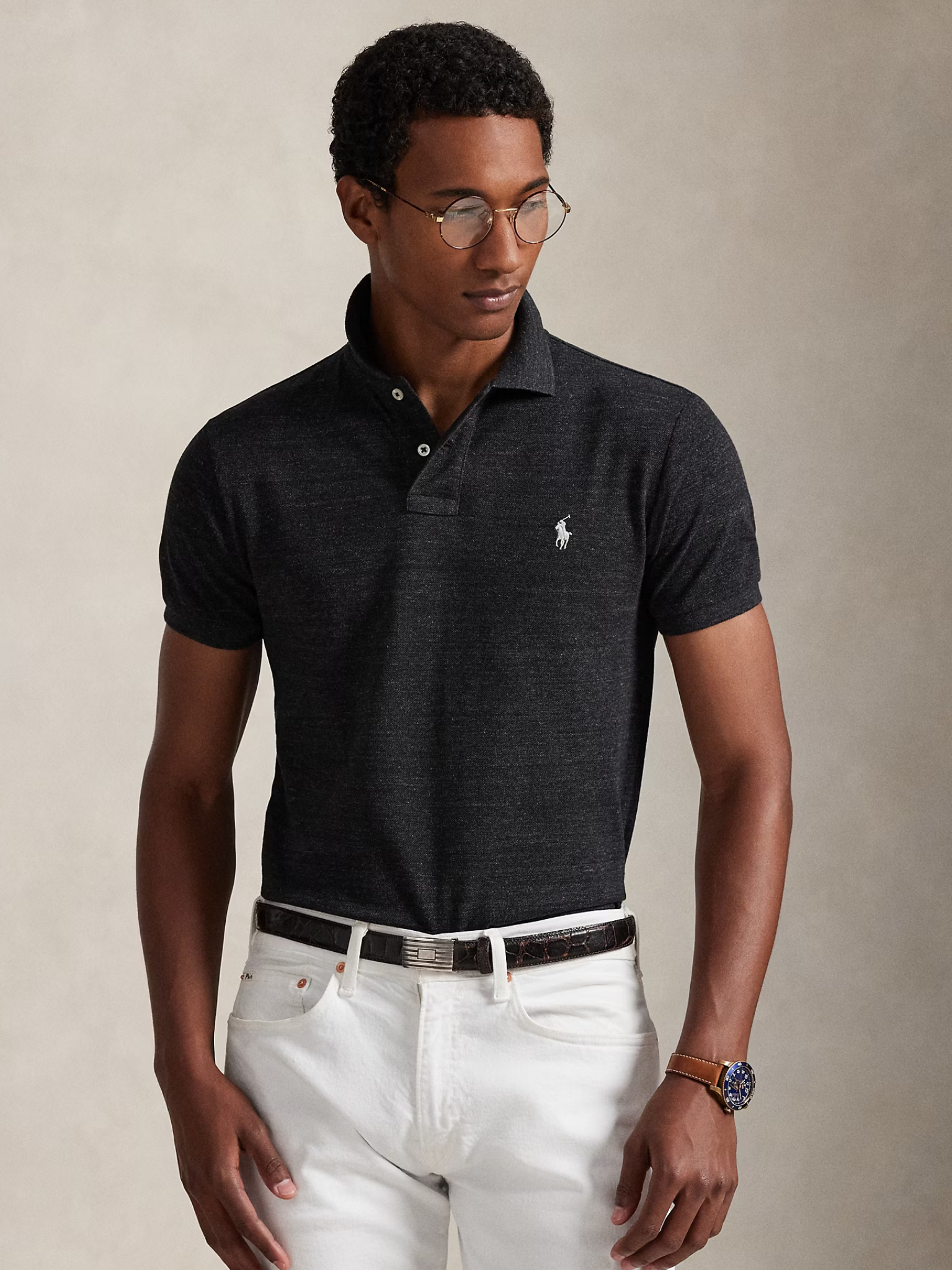RALPH LAUREN Slim Fit Mesh Polo Shirt Black Marl Heather