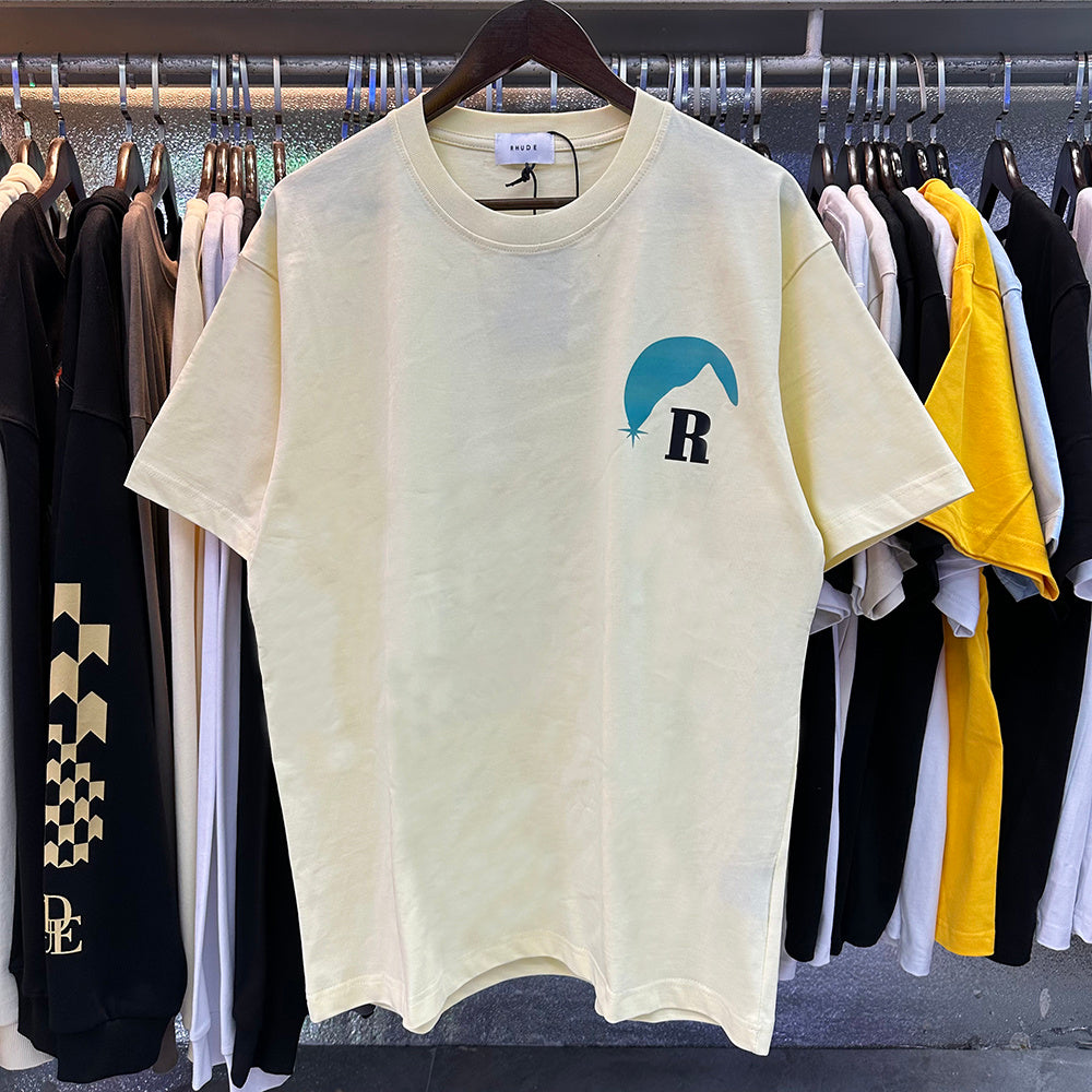 Rhude T-shirts Blue Sunset Print Cotton Casual Short Sleeve Men and Women