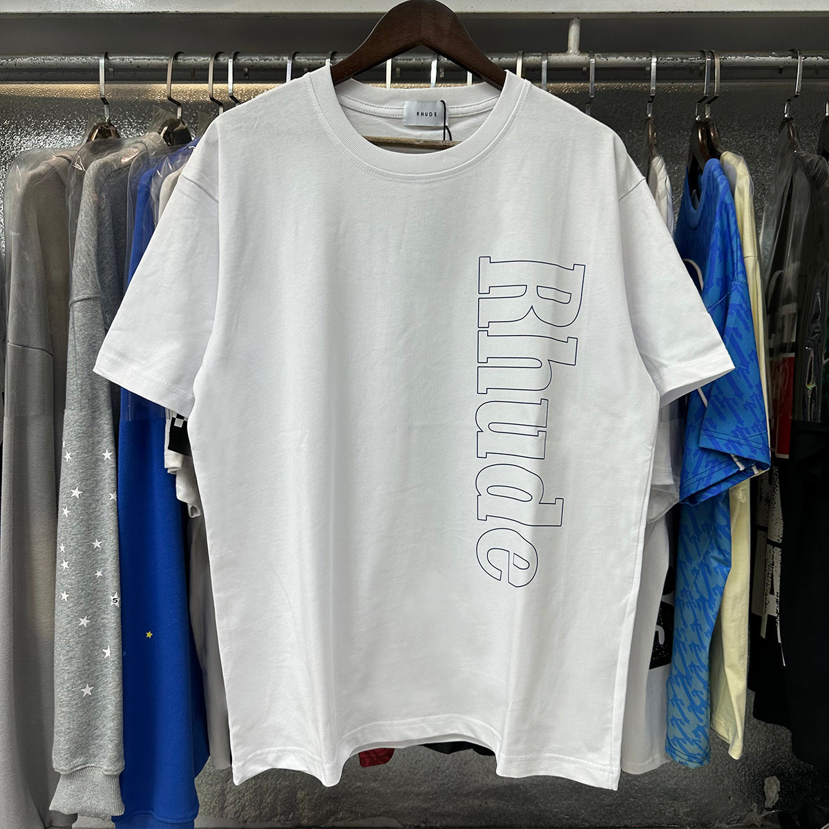 Rhude T-shirts Vertical Letter Printing Cotton Casual Short Sleeve Men and Women