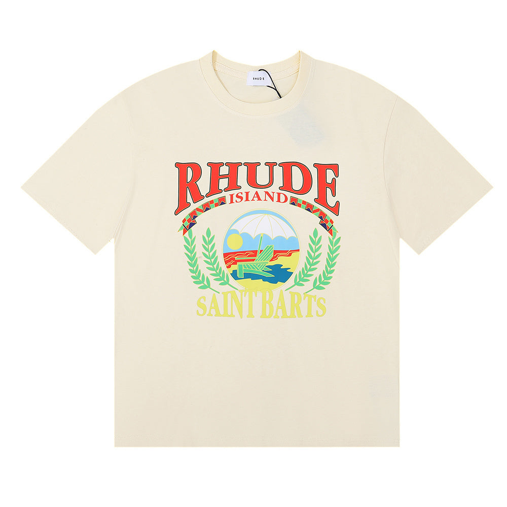 Rhude T-shirts Sunset Beach Pattern Printed Cotton Casual Short Sleeves Men and Women