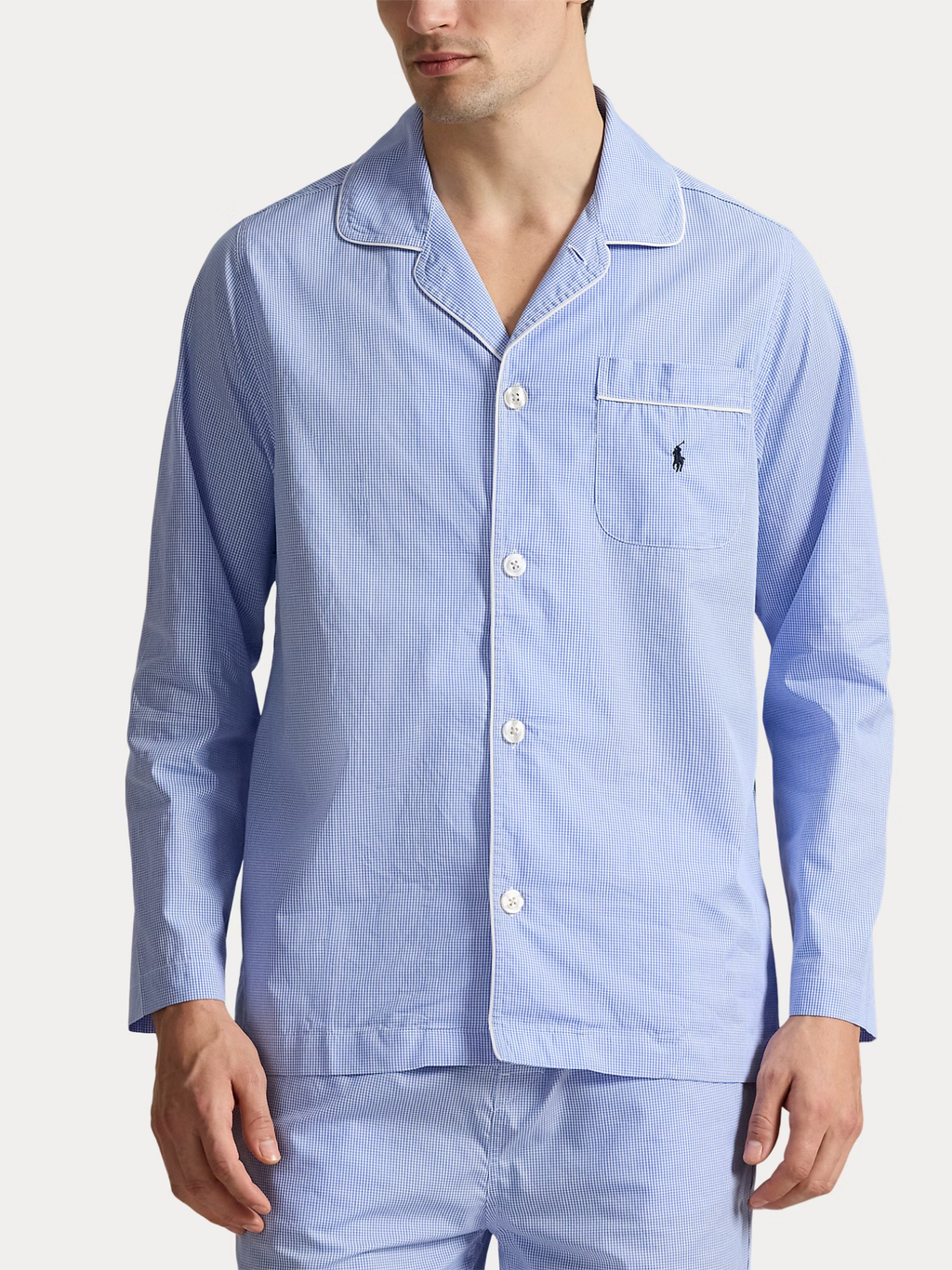 RALPH LAUREN Gingham Poplin Long Sleep Set Light Blue Mini Gingham