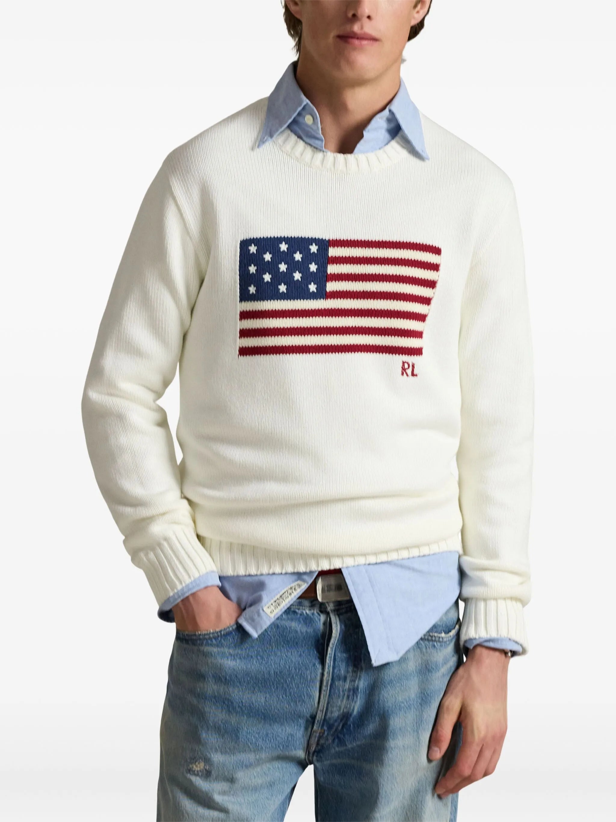 RALPH LAUREN Flag Cotton Crewneck Jumper Cream White