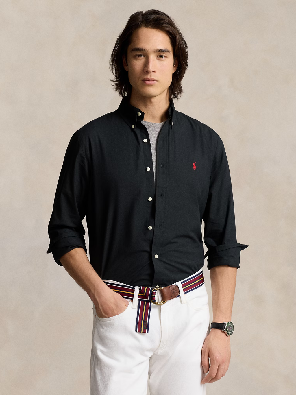 RALPH LAUREN Custom Fit Stretch Poplin Shirt Polo Black