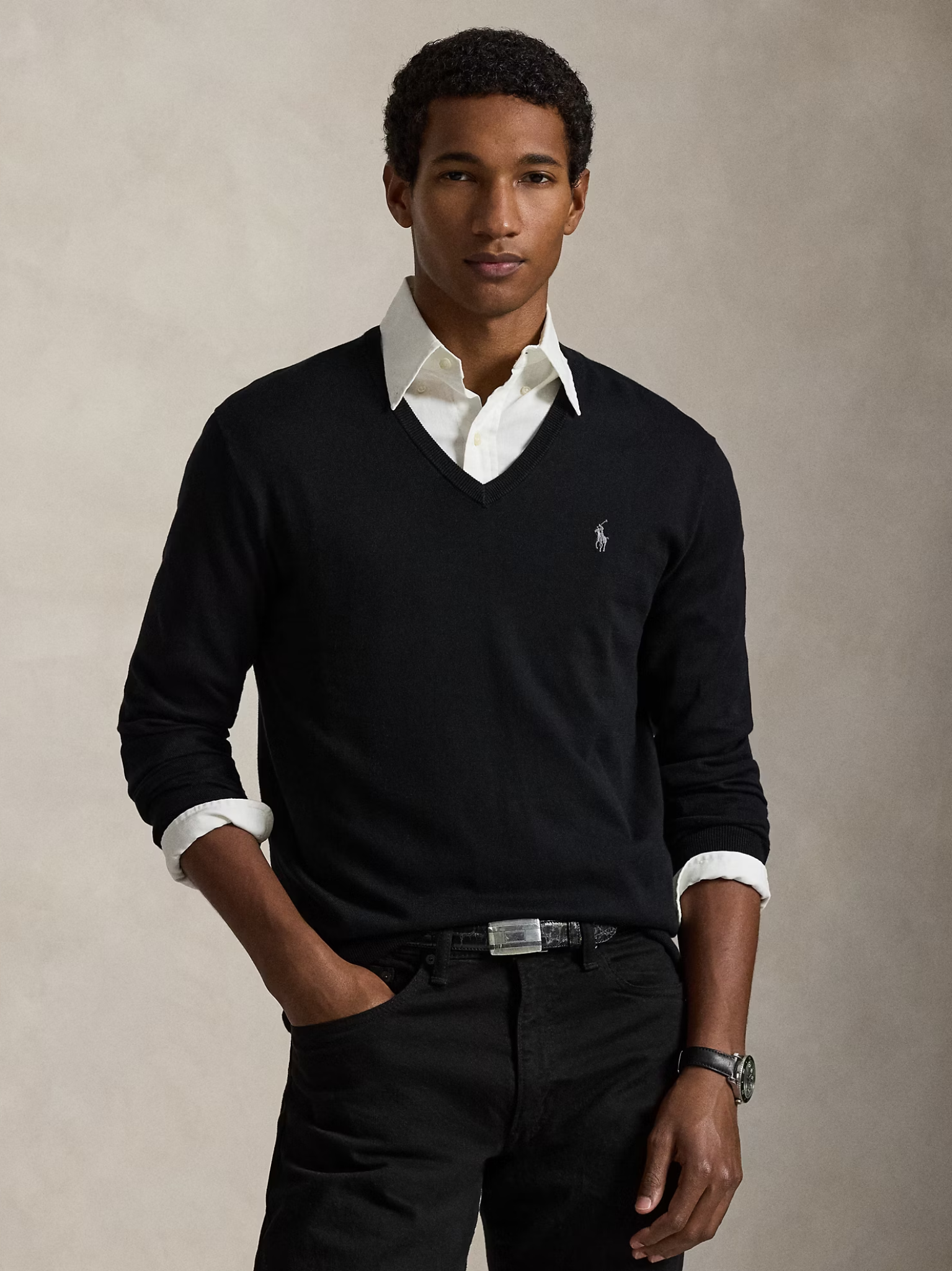 RALPH LAUREN Slim Fit Cotton V-Neck Jumper Polo Black