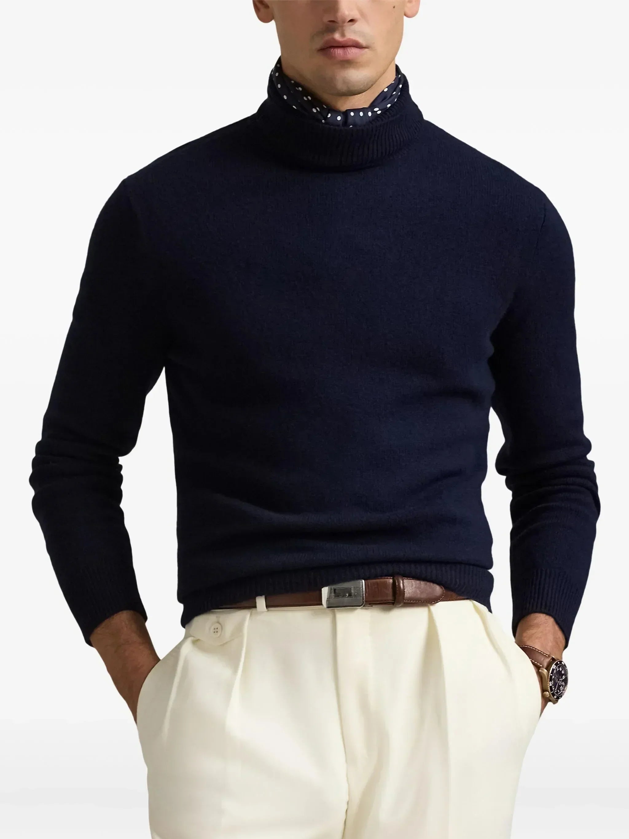RALPH LAUREN Wool-Cotton Roll Neck Jumper Hunter Navy
