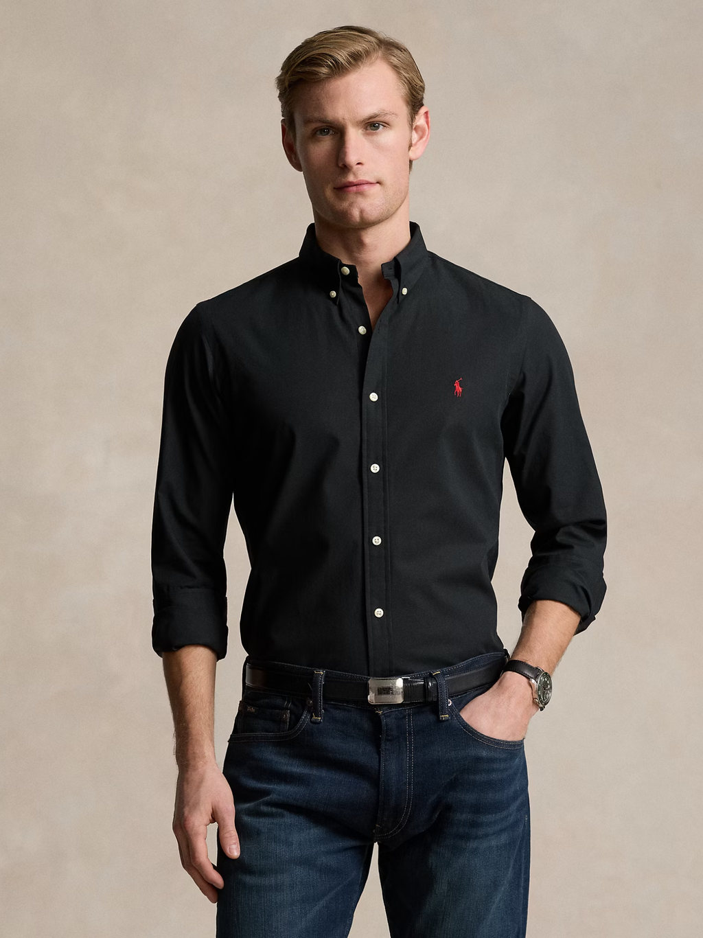 RALPH LAUREN Slim Fit Stretch Poplin Shirt Polo Black