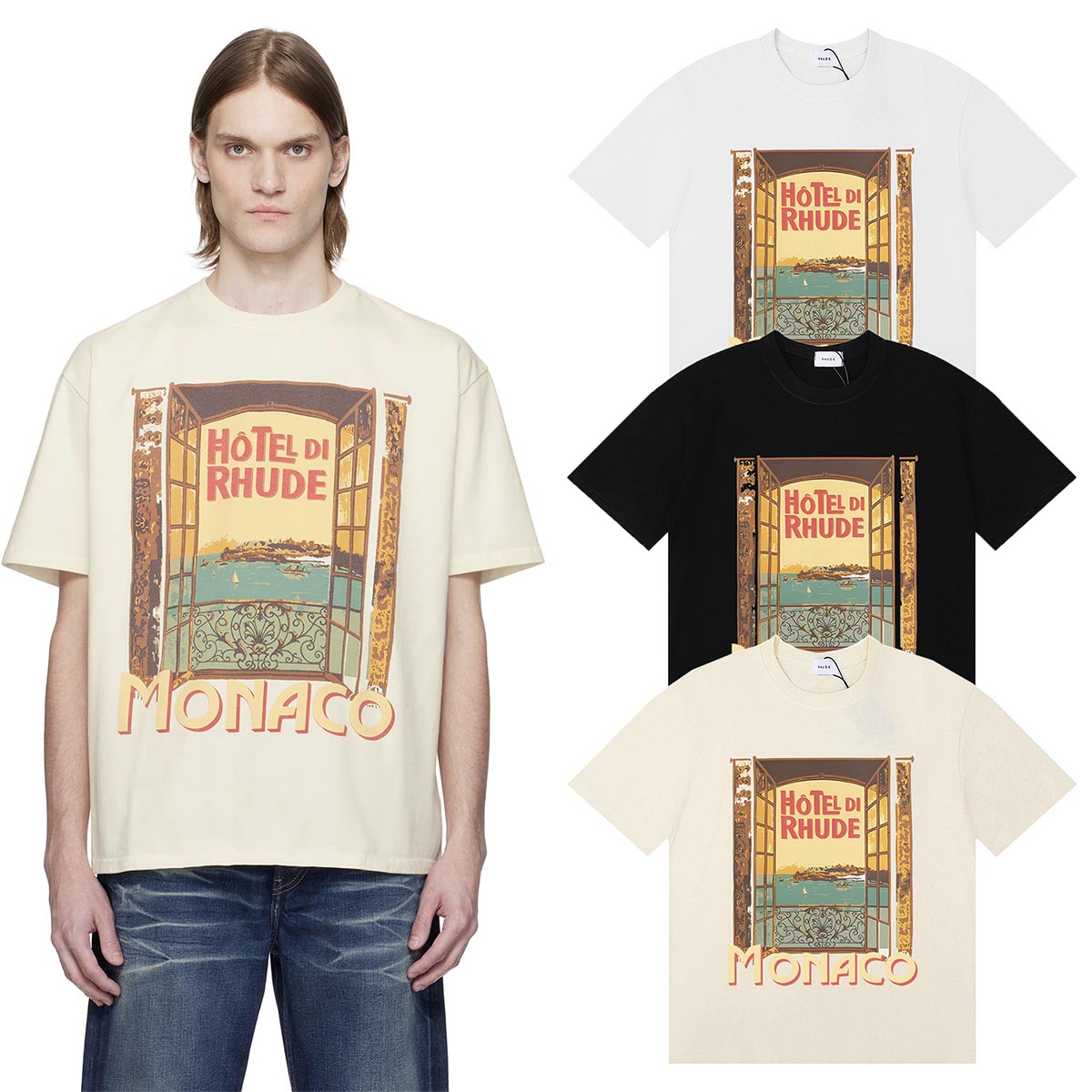 Rhude T-shirts Windowsill Seaview Printing Cotton Casual Short Sleeve Men and Women